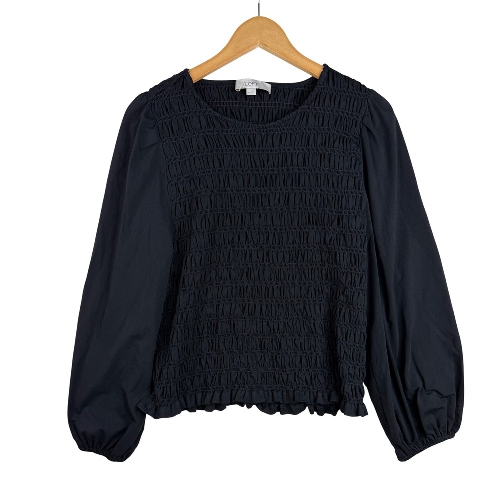 LOFT Womens Smocked Long Sleeve Blouse Boatneck Top Size XL Black Balloon sleeve